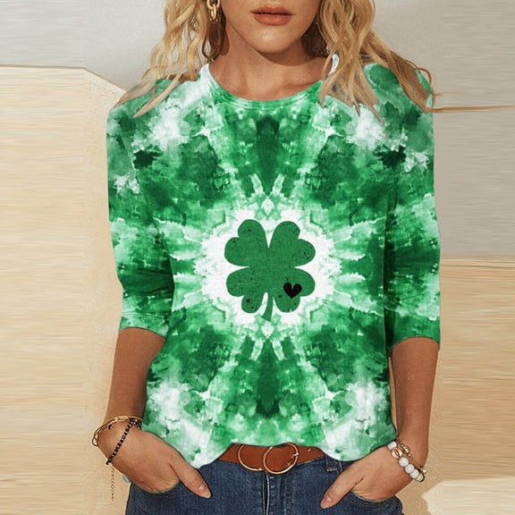 Meichang Women 3/4 Sleeve Tops and Blouses St Patricks Day Shirts Green Shamrock Graphic Tees Casual Crew Neck Loose Fit T-Shirts