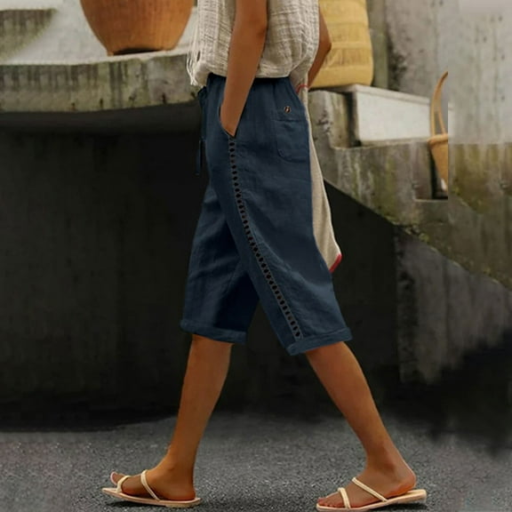 Meichang Women Bermuda Shorts Knee Length Cotton Linen Shorts Trendy Side Lace Hollw Out Beach Long Shorts with Drawstring Waist