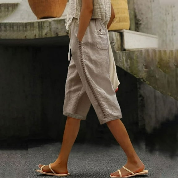 Meichang Women Bermuda Shorts Knee Length Cotton Linen Shorts Trendy Side Lace Hollw Out Beach Long Shorts with Drawstring Waist