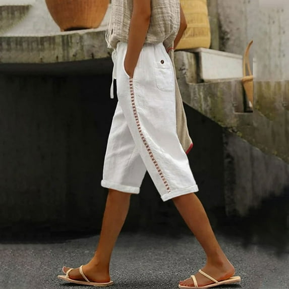 Meichang Women Bermuda Shorts Knee Length Cotton Linen Shorts Trendy Side Lace Hollw Out Beach Long Shorts with Drawstring Waist