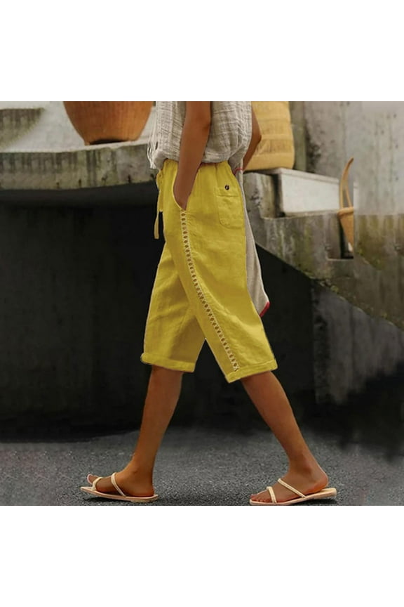 Women Bermuda Shorts Knee Length Cotton Linen Shorts Trendy Side Lace Hollw Out Beach Long Shorts with Drawstring Waist
