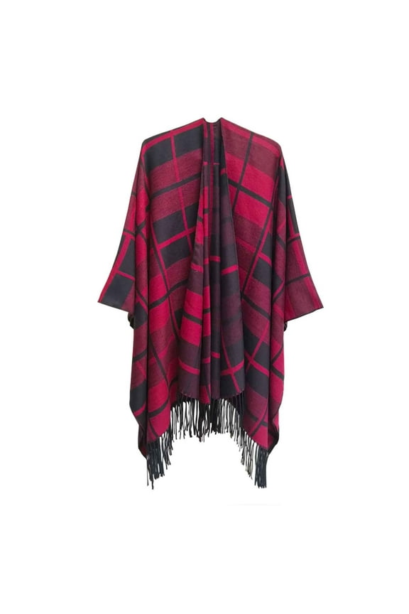 Women Boho Plaid Print Poncho Pashmina Loose Shawl Wrap Cape Sweater Casual Knitting Cardigan with Tassel Fall
