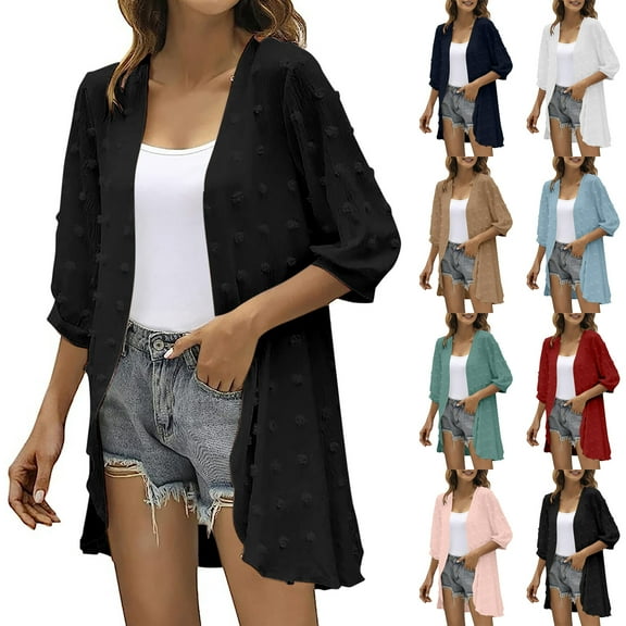 Meichang Women Cardigan 3/4 Sleeves Open Front Lightweight Chiffon Cardigan Swiss Dot Kimono Cardigan Fall Summer Casual Beach Cover Ups