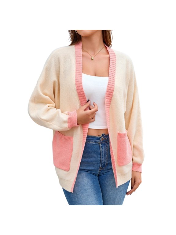Women Cardigan Sweater Open Front Long Sleeve Patchwork Color Block Knit Cardigan Fall Sweaters with Pockets