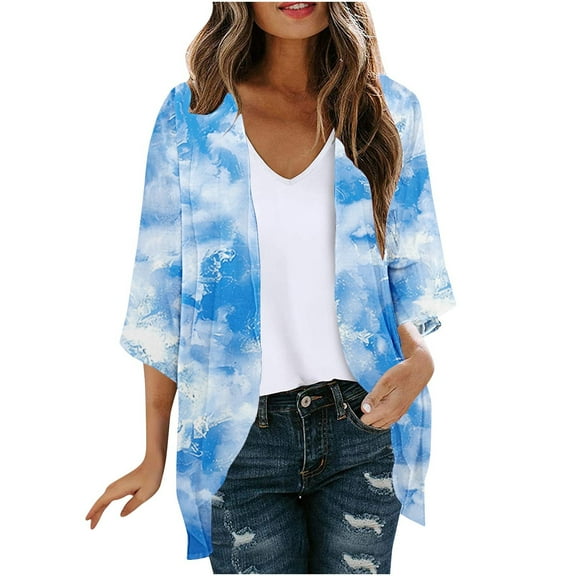 Meichang Women Cardigans Lightweight Floral Print Chiffon Cardigan Open Front Boho Cover Up 3/4 Sleeve Loose Fit Hawaiian Womens Kimono Cardigans