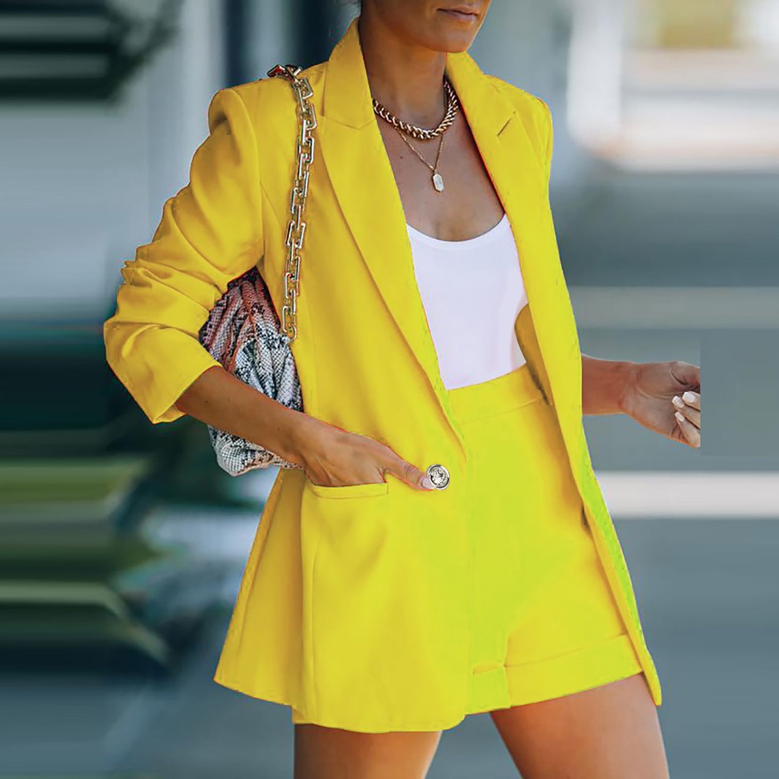 Lapel Blazer Yellow Blazer And Short Set Buy Women Business Wear