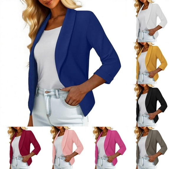 Meichang Women Cropped Blazer 3/4 Sleeve Lapel Open Front Cardigan Work Office Jackets Dressy Casual Business Blazers