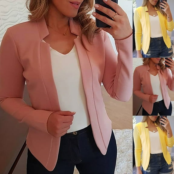 Meichang Women Cropped Blazer Business Casual Long Sleeve Open Front Cardigan Solid Slim Fit Dressy Jackets
