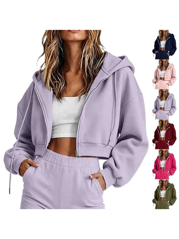 Women Cropped Zip Up Hoodie Oversized Sweatshirt Fall Fashion Jacket Long Sleeve Drop Shoulder Pullover Crop Top Purple S