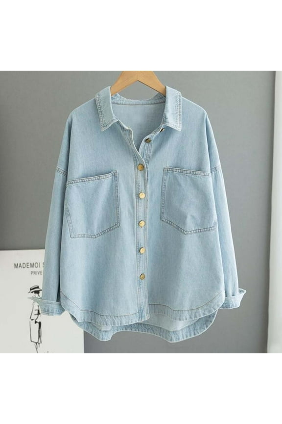 Women Denim Shirt Jacket Long Sleeve Lapel Oversized Shacket Jacket Distressed Washed Pockets Boyfriend Jean Jacket Coat Light Blue L
