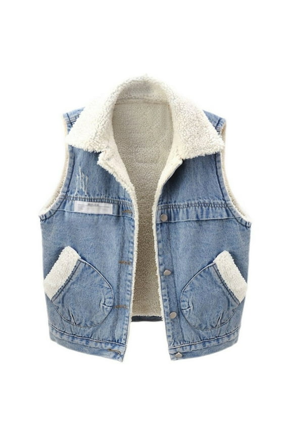 Women Fleece Sherpa Lined Denim Vest Sleeveless Wool Warm Jean Jacket with Pockets Retro Button Down Lapel Vests