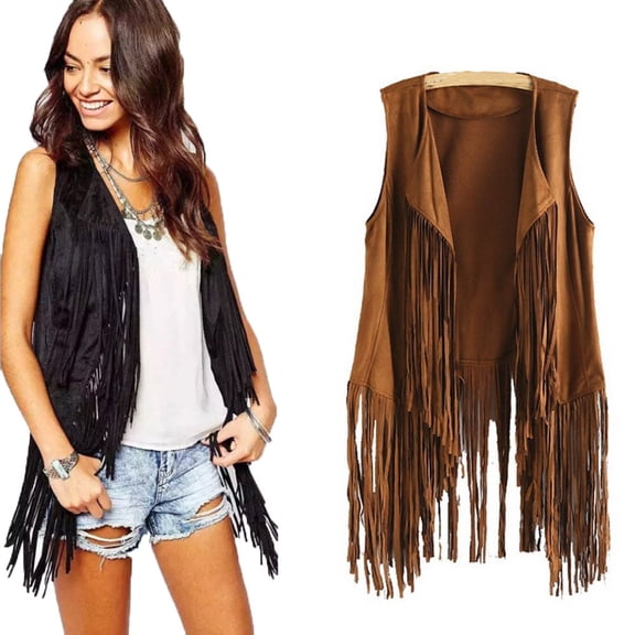 Meichang Women Fringe Vest Faux Suede Tassels 70s Hippie Clothes Open-Front Sleeveless Vest Cardigan Womens Vintage Western Fringe Vest Tops Cardigan Jackets