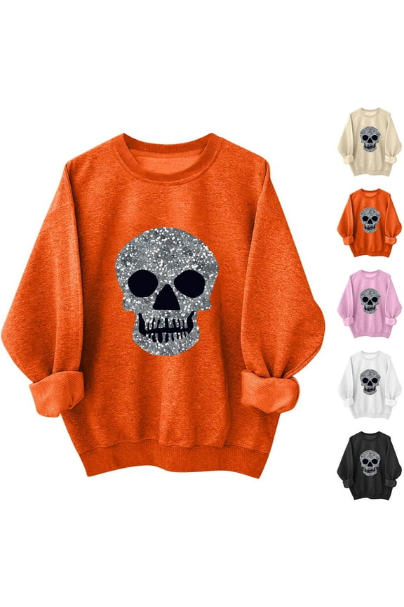 Women Halloween Skull Sweatshirts Oversized Sweatshirt Crew Neck Long Sleeve Fall Pullover Tops Black Cat Halloween Sweater