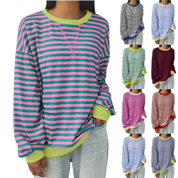 Meichang Women Oversized Striped Crewneck Sweatshirt Long Sleeve Color Block Pullover Tops Casual Loose Spring Shirts