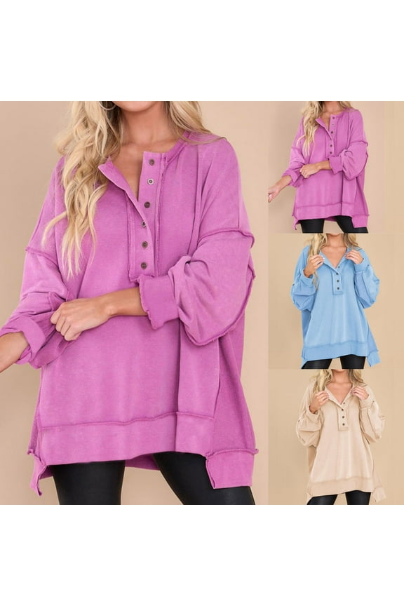 Women Oversized Sweatshirts Half Button Long Sleeve Drop Shoulder Pullover Solid Loose Fit Y2K Sweatshirt No Hood Quarter Button Sweatshirts