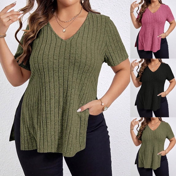 Meichang Women Plus Size Ribbed Knit Tops V Neck Short Sleeve Summer T-Shirts Soft Side Slit Hem Blouses Dressy Casual Work Tunic Top