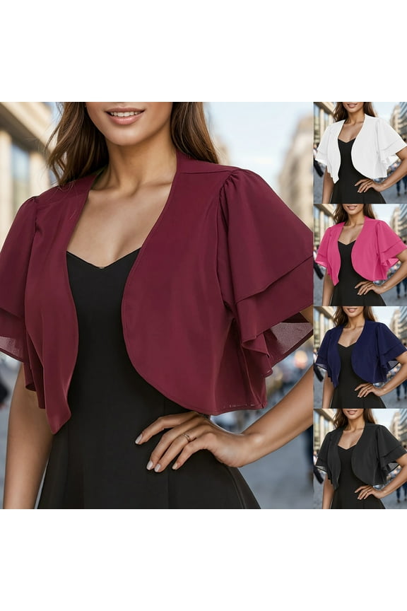 Women Short Sleeve Shrug Cropped Bolero Open Front Chiffon Cardigan Lightweight Sheer Bolero Shrug for Evening Dress