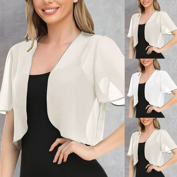Meichang Women Short Sleeve Shrug Cropped Bolero Open Front Chiffon Cardigan Lightweight Sheer Bolero Shrug for Evening Dress