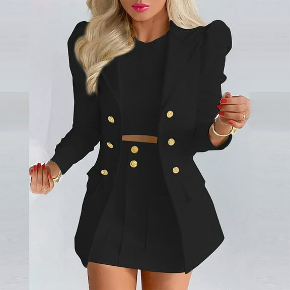Meichang Women Suits 2 Piece Fashion Suits with Blazer Solid Puff Long Sleeve Cardigan Blazer with Shorts Skirt Open Front Jacket