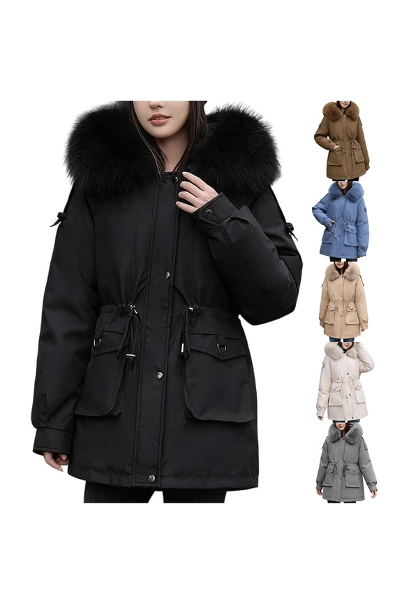 Women Winter Coats Fleece Lined Parkas Anoraks Petite Women Military Jackets Thicken Warm Zip Up Parka Jacket Outerwear with Faux Fur Hood