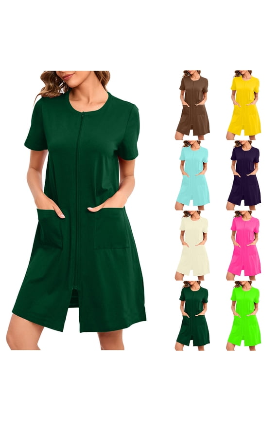 Women Zipper Robe Short Sleeve Zip Front Bathrobe Summer Soft Sleepwear with Pockets Loungewear Short Spa Robe