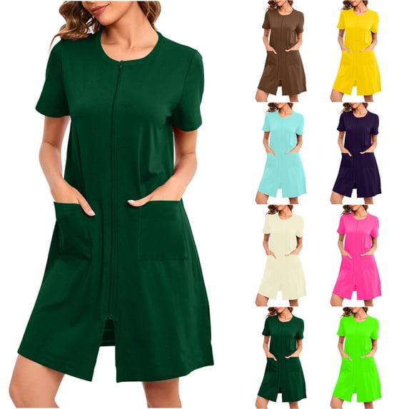 Meichang Women Zipper Robe Short Sleeve Zip Front Bathrobe Summer Soft Sleepwear with Pockets Loungewear Short Spa Robe