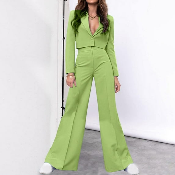 Meichang Women's 2 Piece Blazer Outfit Work Professional Solid Lapel Long Sleeve Slim Suit and Bell-bottom Pants Set