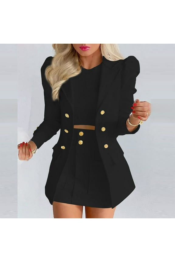 Women Suits 2 Piece Fashion Suits with Blazer Solid Puff Long Sleeve Cardigan Blazer with Shorts Skirt Open Front Jacket