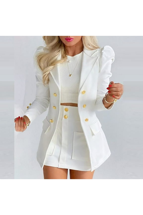 Women Suits 2 Piece Fashion Suits with Blazer Solid Puff Long Sleeve Cardigan Blazer with Shorts Skirt Open Front Jacket