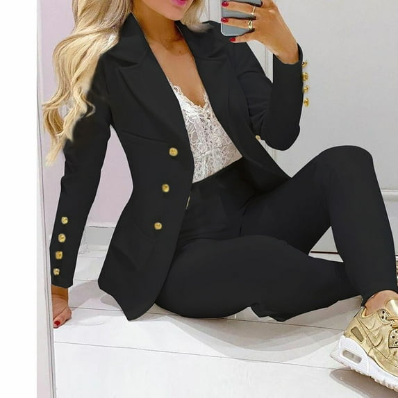 Meichang Women's 2 Piece Business Suits Formal Slim Long Sleeve Elegant Solid Blazer Lapel Jacket Single-Breasted Trouser-Suit Work Set