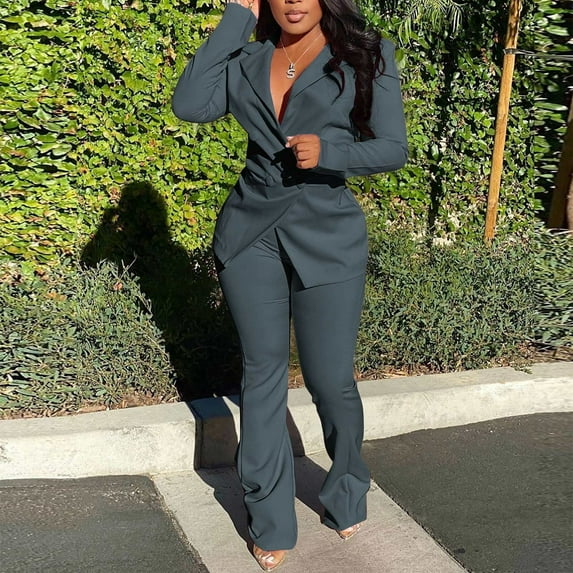 Meichang Women's 2 Piece Outfit Casual Solid Long Sleeve Open Front Blazer And Flare Pant Elegant Work Business Suit Sets