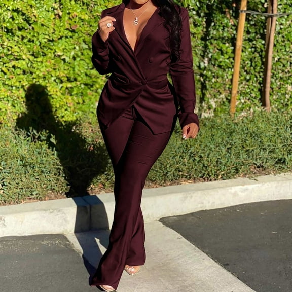 Meichang Women's 2 Piece Outfit Casual Solid Long Sleeve Open Front Blazer And Flare Pant Elegant Work Business Suit Sets