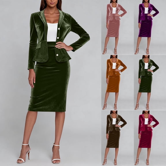 Meichang Women's 2 Piece Velvet Suit Sets Business Office Formal Dress Suit Peplum Velvet Jacket Midi Pencil Skirt Suits Set Fall Outfits