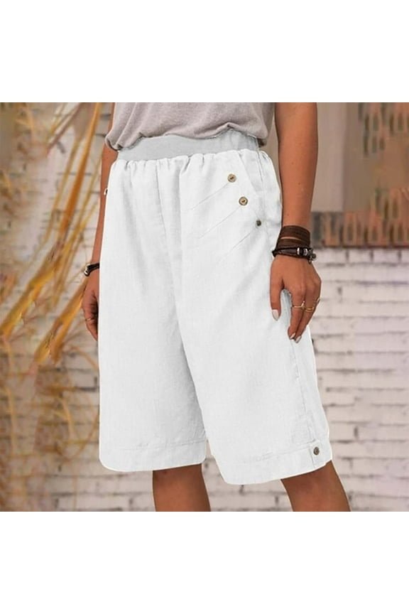 Women's Bermuda Shorts Plus Size Elastic Waisted Cotton Linen Shorts Loose Lounge Long Shorts Yoga Exercise Knee Length Shorts Workout Athletic Half Shorts Pants with Pockets