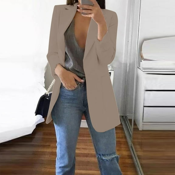 Meichang Women’s Blazers Dressy Casual Long Sleeve Slim Fit Blazers Jackets Solid Color Suits Office Work Open Front Blazers Jackets with Pockets Cardigans Plus Size Khaki L