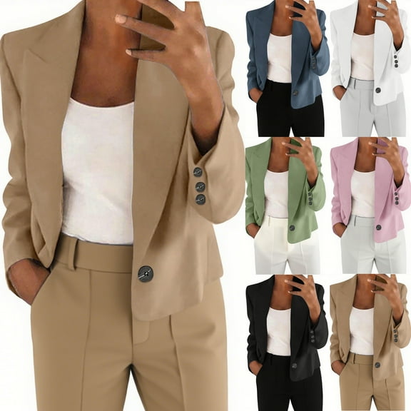 Meichang Women's Blazers for Work Professional Cropped Blazer Long Sleeve One Button Open Front Cardigan Solid Suit Work Office Lightweight Jacket