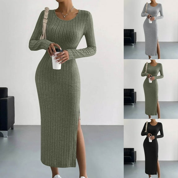 Meichang Women's Bodycon Maxi Sweater Dress Long Sleeve Crew Neck Ribbed Knit Pullover Sweater Dresses Fall Slim Fit Slit Hem Cocktail Party Dress