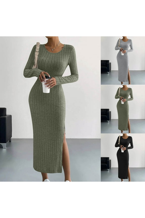 Women's Bodycon Maxi Sweater Dress Long Sleeve Crew Neck Ribbed Knit Pullover Sweater Dresses Fall Slim Fit Slit Hem Cocktail Party Dress