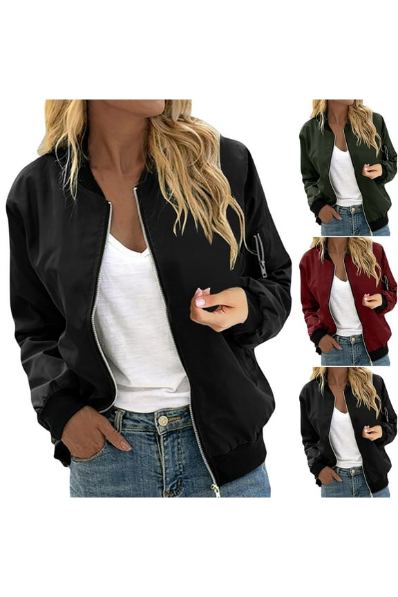 Women's Bomber Jacket Casual Long Sleeve Zip Up Jackets Lightweight Windproof Outerwear Windbreaker with Pockets
