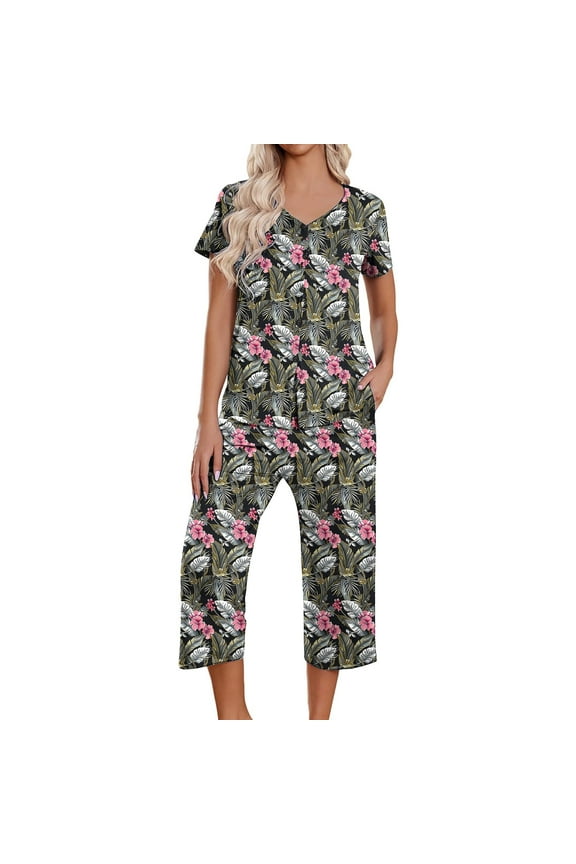 Women's Capri Pajama Sets Trendy Floral Print V Neck Button Down Pajama Sets Sleepwear Short Sleeve Tops with Bottom Capri Sets Women 2 Piece Outfits
