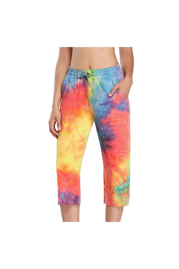 Women's Capris Yoga Pants Tie Dye Print Stretchy Waisted Drawstring Athletic Pants Trerndy Casual Workout Running Yoga Capris Pants with Pockets