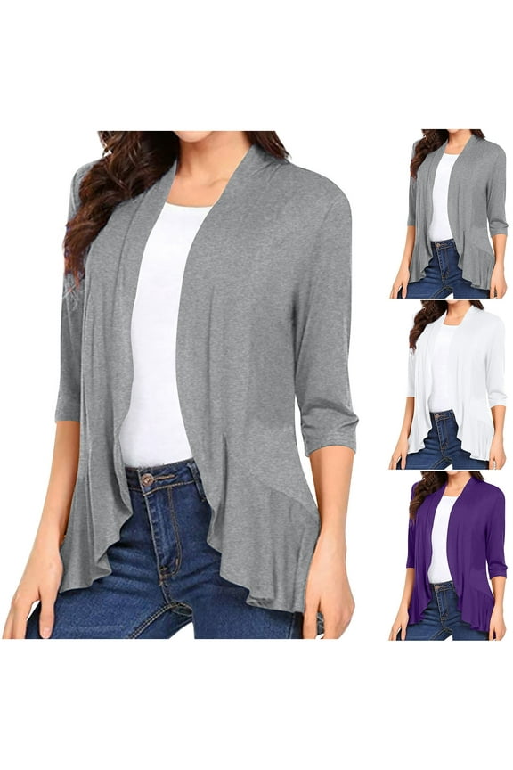 Women's Cardigan Dressy Casual 3/4 Sleeve Draped Ruffles Knit Cardigans Open Front Lightweight Cardigan Top