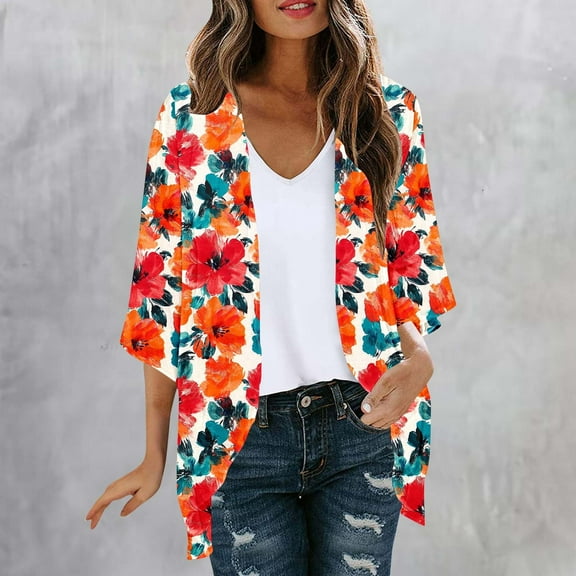 Meichang Women's Cardigan Lightweight Open Front Chiffon Cardigan Floral Print Boho Cover Up 3/4 Sleeve Loose Fit Resort Wear Womens Kimonos