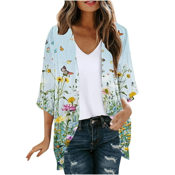 Meichang Women's Cardigans Boho Print Chiffon Cardigan Lightweight Open Front Floral Kimonos Casual Hawaiian Cover Up Summer Tops