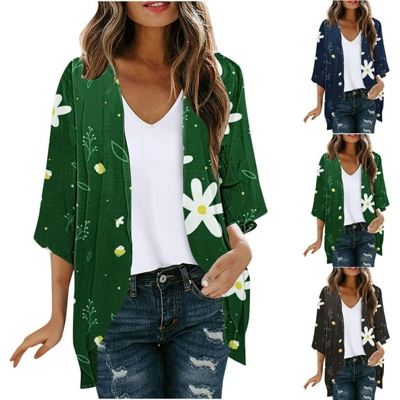 Meichang Women's Cardigans Open Front Chiffon Cardigan Floral Print 3/4 Sleeve Kimono Summer Tops Boho Beach Cover Up