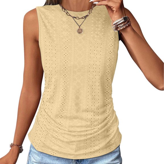 Meichang Women's Casual Tank Tops Summer Crewneck Sleeveless Eyelet Tops Loose Workout Tanks Shirts Solid Color Basic T Shirts Athletic Tanks Tops for Women Yellow L