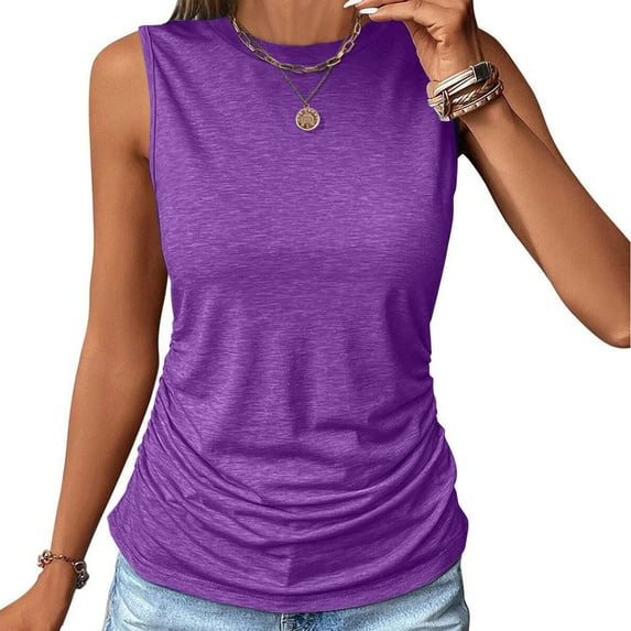 Meichang Women's Casual Tank Tops Summer Crewneck Sleeveless Tunic Flowy Loose Shirts Solid Color Basic T Shirts Shirts Comfy Streetwear Tanks Tops for Women, Purple XL