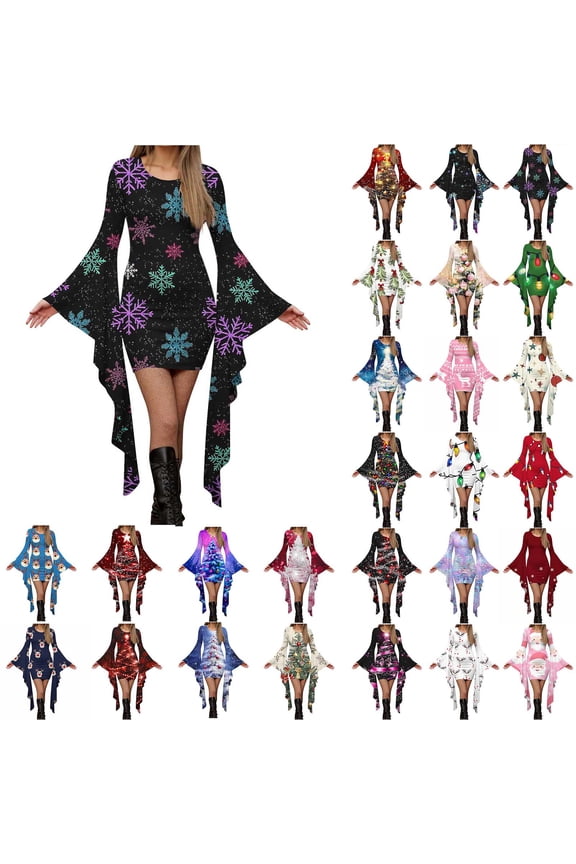 Women's Christmas Dress Winter Christmas Bodycon Mini Dresses Bell Sleeves Xmas Print Holiday Party Cocktail Dresses