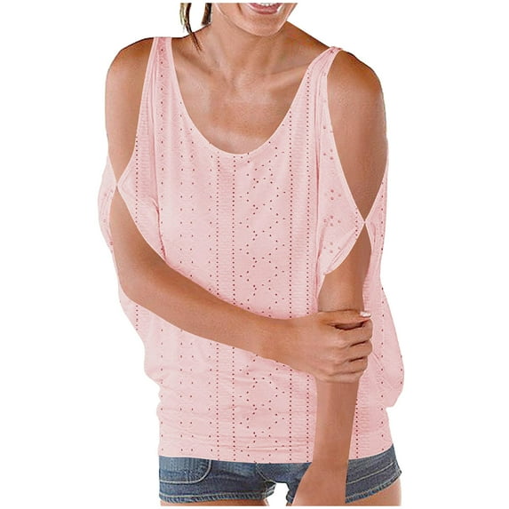 Meichang Women's Cold Shoulder Tops Casual Scoop Neck Short Sleeve T-Shirts Eyelet Tops Solid Loose Fit Lightweight Tshirts Shirts Pink L