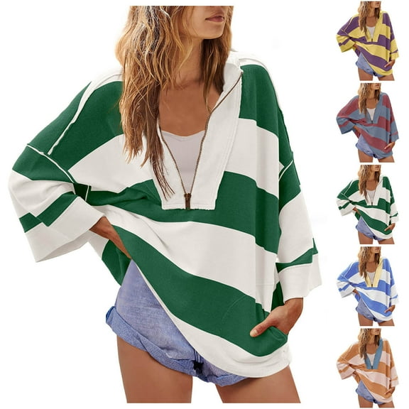 Meichang Women's Color Block Oversized Sweatshirts Half Zip Striped Tops Long Sleeve Casual Y2K Pullover Tops with Pockets